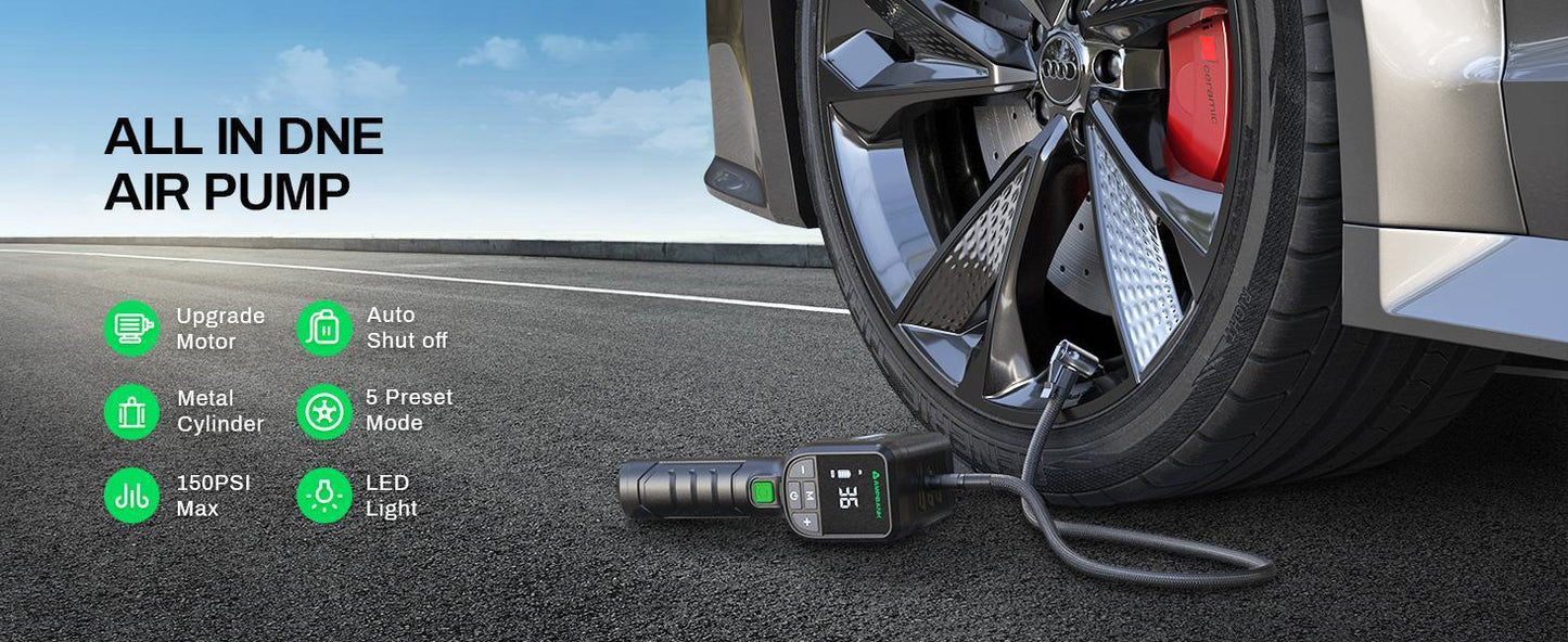 AMPBANK AT001 Portable Tire Air , Car-mounted Automatic Air Pump With Tire Pressure Gauge, 150PSI With LED Suitable For Cars, Motorcycles, SUVs, Bicycles, Balls, Etc.