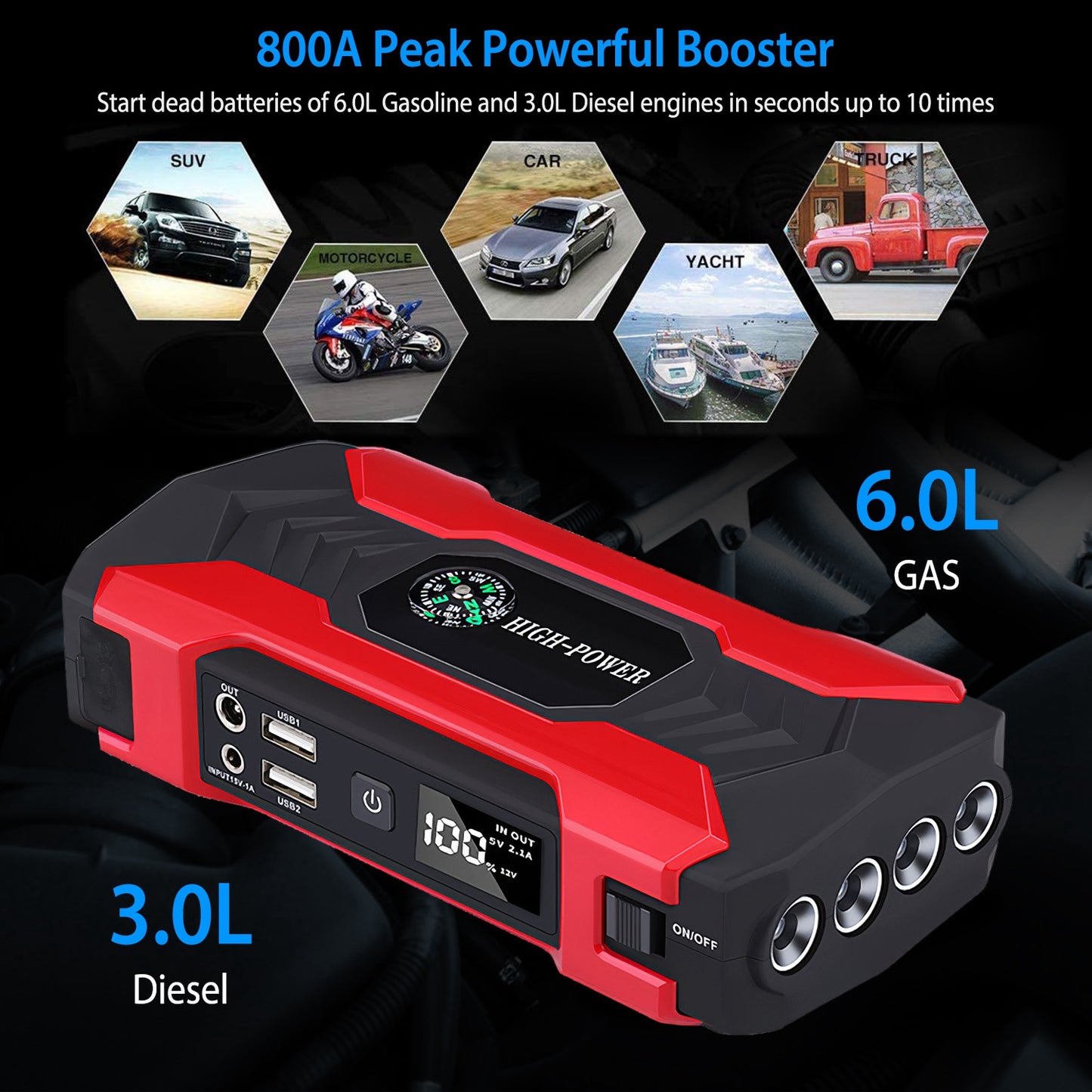 Car Jump Starter, Portable Power bank, LED Flashlight