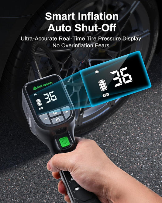 AMPBANK AT001 Portable Tire Air , Car-mounted Automatic Air Pump With Tire Pressure Gauge, 150PSI With LED Suitable For Cars, Motorcycles, SUVs, Bicycles, Balls, Etc.
