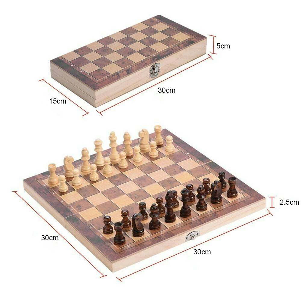 3in1 Large FOLDING WOODEN CHESS SET Board Game Checkers Backgammon Chess