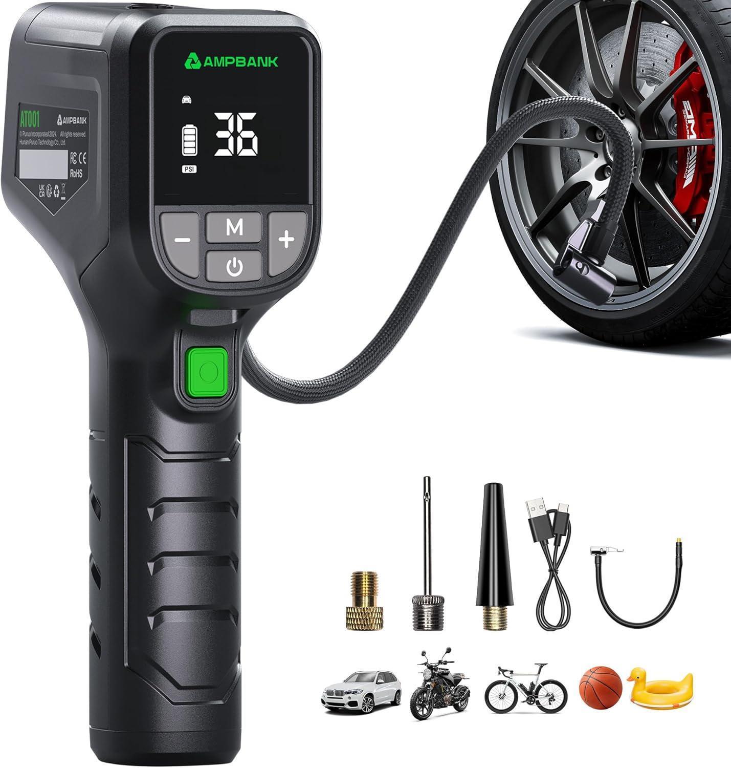 AMPBANK AT001 Portable Tire Air , Car-mounted Automatic Air Pump With Tire Pressure Gauge, 150PSI With LED Suitable For Cars, Motorcycles, SUVs, Bicycles, Balls, Etc.