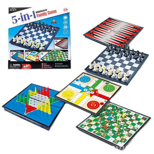Magnetic Foldable Board 6-in-1 Game - Checkers Backgammon Snakes Ladders Chess