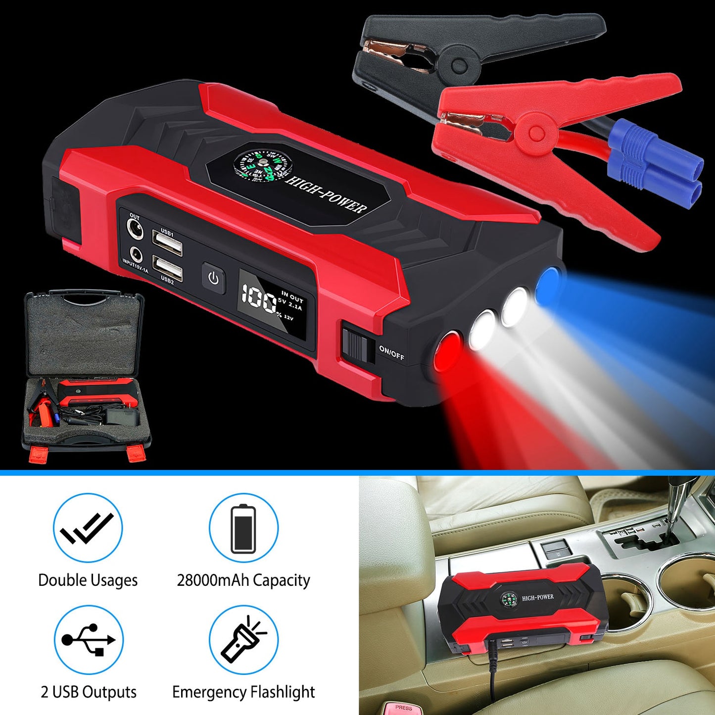 Car Jump Starter, Portable Power bank, LED Flashlight