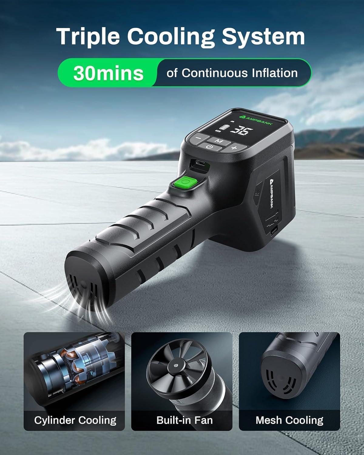 AMPBANK AT001 Portable Tire Air , Car-mounted Automatic Air Pump With Tire Pressure Gauge, 150PSI With LED Suitable For Cars, Motorcycles, SUVs, Bicycles, Balls, Etc.