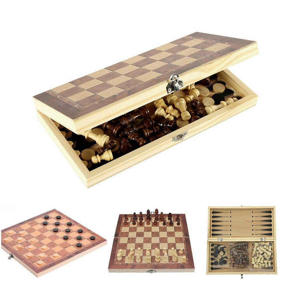 3in1 Large FOLDING WOODEN CHESS SET Board Game Checkers Backgammon Chess