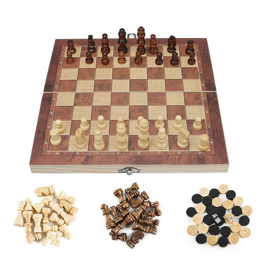 3in1 Large FOLDING WOODEN CHESS SET Board Game Checkers Backgammon Chess