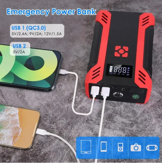3-in-1 Portable Car Jump Starter + Digital Tire Inflator + Power Bank