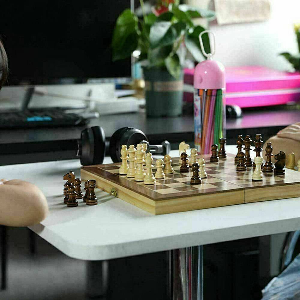 3in1 Large FOLDING WOODEN CHESS SET Board Game Checkers Backgammon Chess