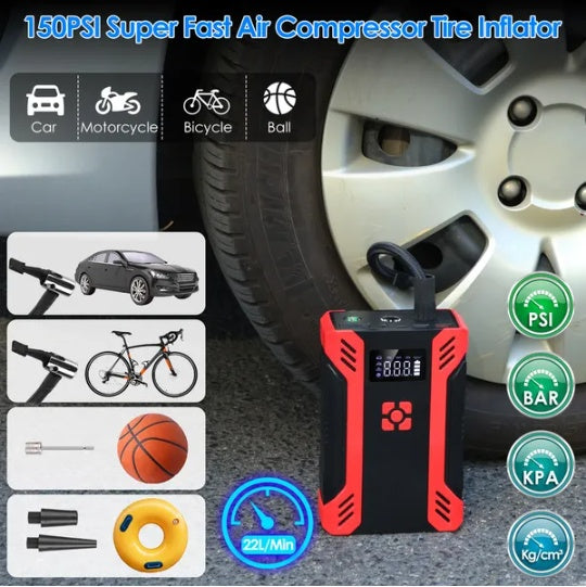 3-in-1 Portable Car Jump Starter + Digital Tire Inflator + Power Bank