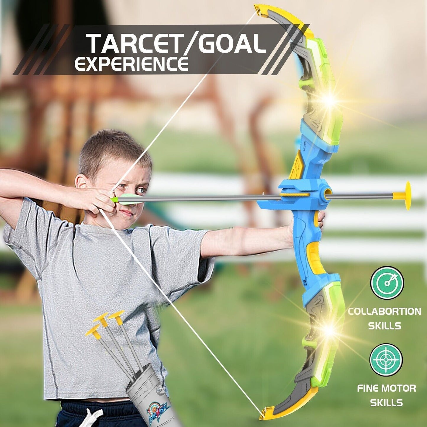 Bow & Arrow Set for Young Archers, LED-lit Archery Bow with 10 Suction Cup Arrows, Targets & Arrow Holders